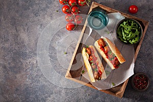 Meatball sub sandwich with cheese and marinara tomato sauce. american italian fast food