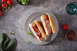 Meatball sub sandwich with cheese and marinara tomato sauce. american italian fast food