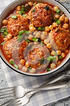 Meatballs with chickpeas, tomato, mint and green onions close-up in a bowl. Vertical top view