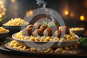 Meatballs with mac and cheese, food photography, realistic render smoke, dramatic lighting and cinematic lighting