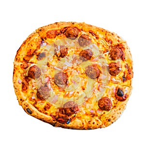 Meatballs pizza on white background