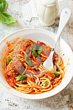 Meatballs in tomato sauce with spaghetti