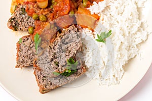 Meatloaf meal with rice from above