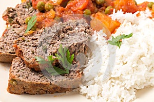 Meatloaf meal with rice from above