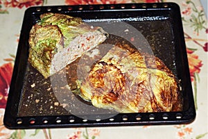 Meatloaf in Savoy cabbage leaves, oven-baked in baking tray full of its own juice. piece is cut out of the middle, texture of a