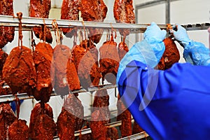 Meatpacking staff seasoning pieces of fresh pork and hanging on hooks on a metal rack for smoking and marinating