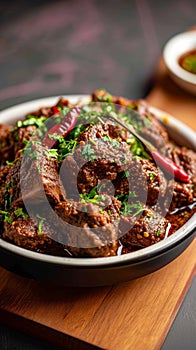 Meaty indulgence Dry spicy Murgh or goat meat in a plate