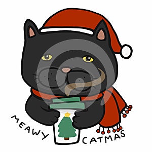 Meawy Catmas , Black cat drink coffee in winter cartoon illustration