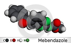 Mebendazole, MBZ molecule. It is synthetic benzimidazole derivate and anthelmintic drug. Molecular model. 3D rendering photo