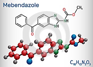 Mebendazole, MBZ molecule. It is synthetic benzimidazole derivate and anthelmintic drug. Structural chemical formula and photo