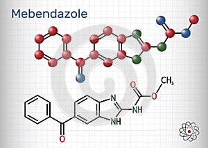 Mebendazole, MBZ molecule. It is synthetic benzimidazole derivate and anthelmintic drug. Structural chemical formula and photo