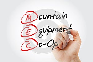 MEC - Mountain Equipment Co-Op acronym with marker, concept background