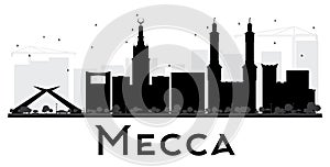 Mecca City skyline black and white silhouette.