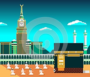 Mecca or Makkah, with Kaaba & muslims pray, flat design illustration with daylight banner or poster