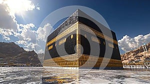 Mecca\'s Kaaba, pilgrims circumambulating, desert mountains photo