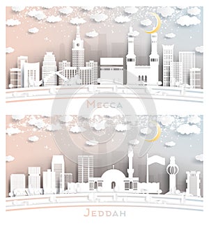 Mecca Saudi Arabia City Skyline in Paper Cut Style with Snowflakes, and Moon