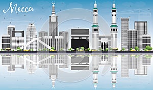 Mecca Skyline with Landmarks, Blue Sky and Reflections.