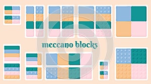 Meccano toys elements plastic construction kit blocks set. Erector set flat details coloful parts for kids party posters nursery