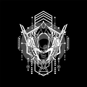 Mecha Head Illustration with sacred geometry on black background