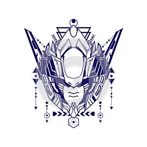 Mecha Head Illustration with sacred geometry on white background