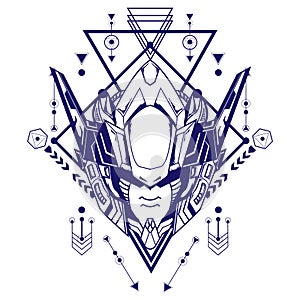 Mecha Head Illustration with sacred geometry on white background