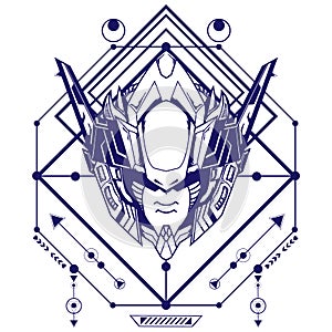 Mecha Head Illustration with sacred geometry on white background