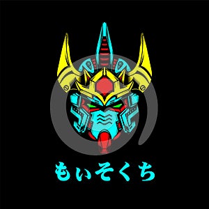 Mecha Head with japanese text and neon color, can use for mascot logo, gaming logo, tshirt and more