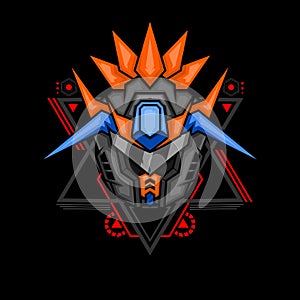 Mecha robot head for merchandise, apparel or other with modern sacred geometry ornament