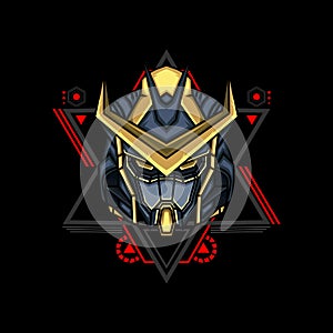 Mecha robot head for merchandise, apparel or other with modern sacred geometry ornament