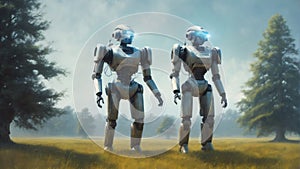 Mecha robot standing on a meadow. Scifi illustraiton in high resolution