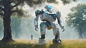 Mecha robot standing on a meadow. Scifi illustraiton in high resolution