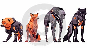 Mechanic animals with bears, fox, owl, panthers and lions. Modern cartoon set of futuristic metal animals.