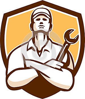 Mechanic Arms Crossed Wrench Shield Retro photo