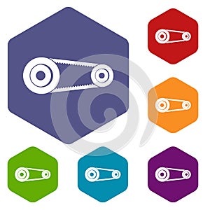 Mechanic belt icons set hexagon