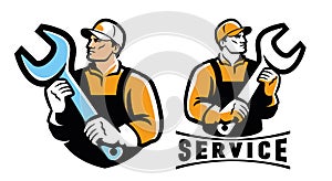 Mechanic, builder or engineer with wrench tool. Service logo. Construction work emblem. Vector illustration