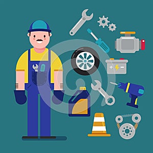 Mechanic and Car service concept with flat icons. Vector illustration