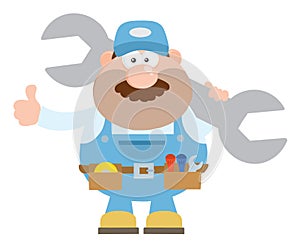 Mechanic Cartoon Character Holding Huge Wrench And Giving A Thumb Up Flat Style