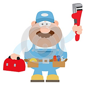 Mechanic Cartoon Character With Wrench And Tool Box Flat Style