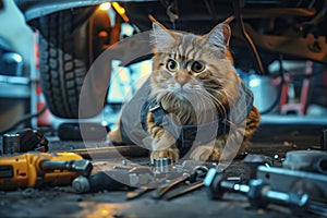 Mechanic cat working under a car in a garage with tools