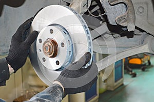 Mechanic changes the brake discs and pads on the car