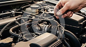 Mechanic checking car engine oil level with dipstick close up