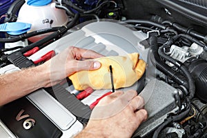 Mechanic checking motor oil