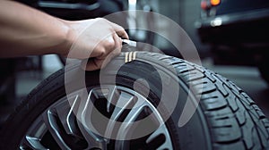 Mechanic checking tire tread depth and wear using a tire gauge, generative ai