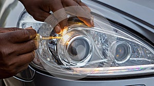 Mechanic demonstrates the replacement of a burntout HID headlight bulb highlighting the advanced technology lighting