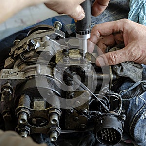 A mechanic disassembles and detects a fuel injection pump