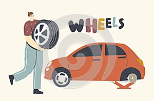 Mechanic or Driver Character Fixing Broken Car Wheel, Man Holding Spare Tyre in Hands, Checking and Maintenance Auto