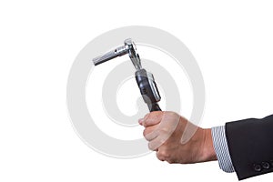 Mechanic engineer holding digital torque wrench in his hand