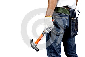 Mechanic or engineer standing on white background and holding hammer on hand