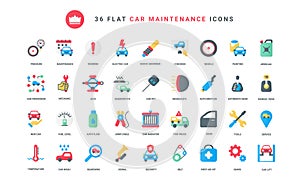 Mechanic equipment, maintenance and repair car service, auto shop trendy flat color icons set.
