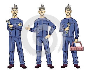 Mechanic or fitter plumber man holding a wrench, tool box and showing thumbs up gesture. Vector illustration, isolated